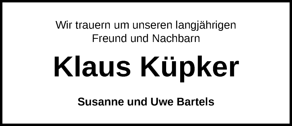  Traueranzeige für Klaus Küpker vom 05.06.2024 aus Nordwest-Zeitung