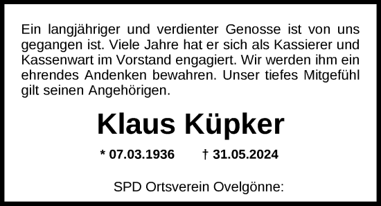 Traueranzeige von Klaus Küpker von Nordwest-Zeitung