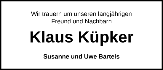 Traueranzeige von Klaus Küpker von Nordwest-Zeitung