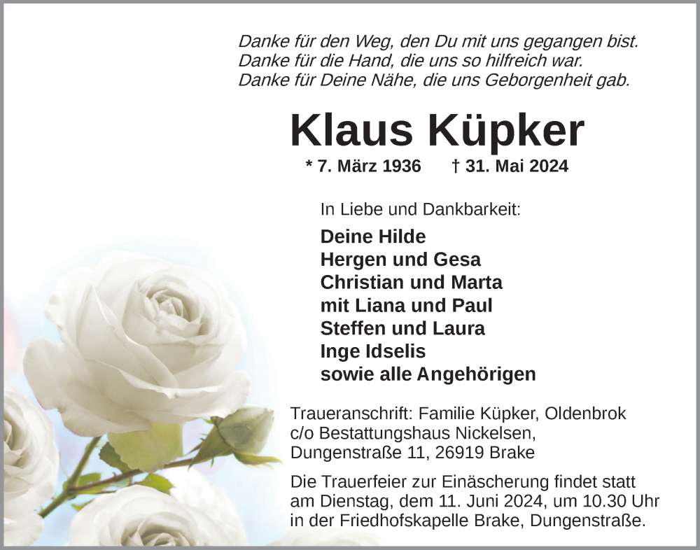  Traueranzeige für Klaus Küpker vom 05.06.2024 aus Nordwest-Zeitung