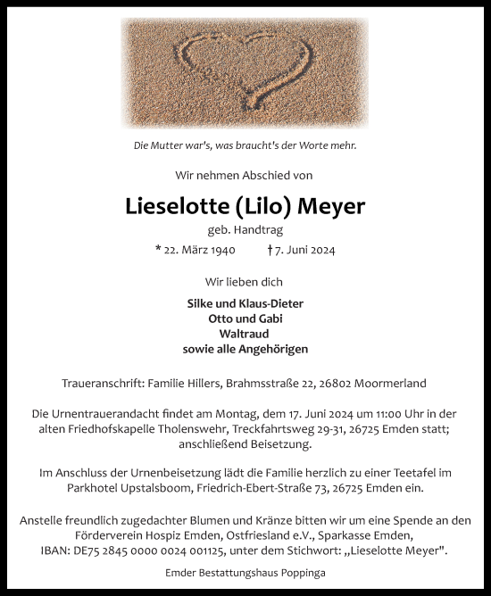 Traueranzeige von Lieselotte Meyer von Emder Zeitung