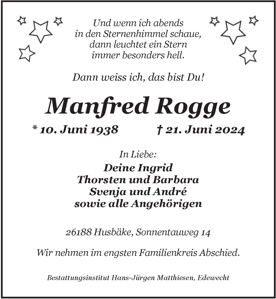  Traueranzeige für Manfred Rogge vom 25.06.2024 aus Nordwest-Zeitung