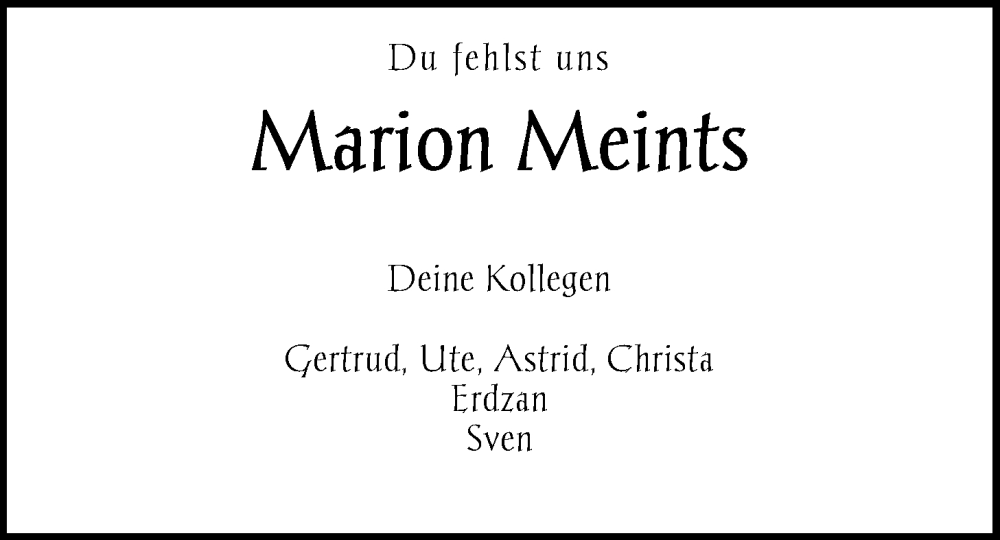  Traueranzeige für Marion Meints vom 26.06.2024 aus WZ/JW/AH