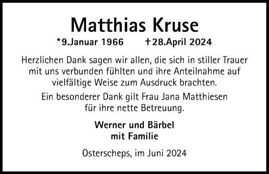 Traueranzeige von Matthias Kruse von Nordwest-Zeitung