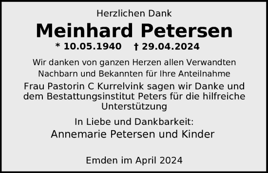 Traueranzeige von Meinhard Petersen von Emder Zeitung