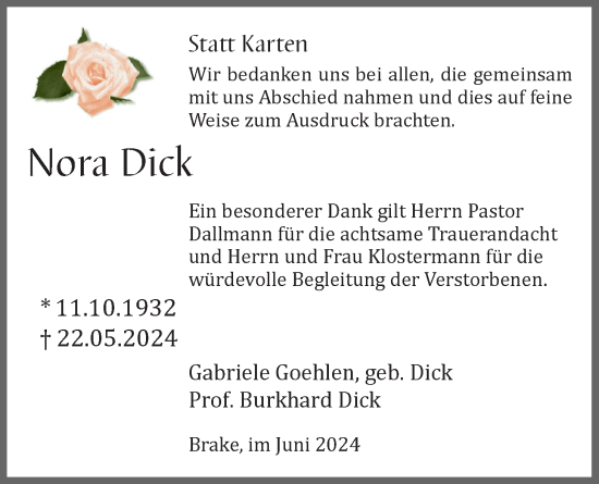 Traueranzeige von Nora Dick von Nordwest-Zeitung