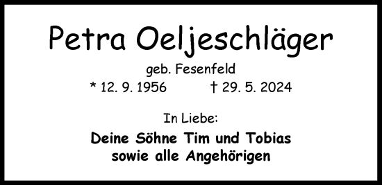 Traueranzeige von Petra Oeljeschläger von Nordwest-Zeitung