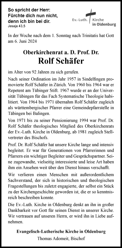 Traueranzeige von Rolf Schäfer von Nordwest-Zeitung