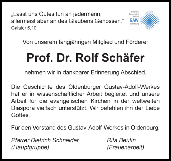 Traueranzeige von Rolf Schäfer von Nordwest-Zeitung