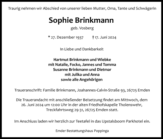 Traueranzeige von Sophie Brinkmann von Emder Zeitung