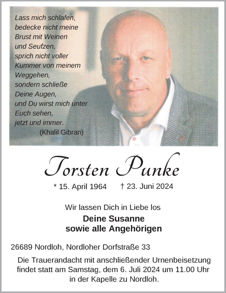  Traueranzeige für Torsten Punke vom 26.06.2024 aus Nordwest-Zeitung