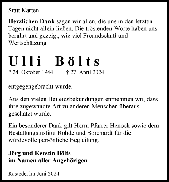 Traueranzeige von Ulli Bölts von Nordwest-Zeitung