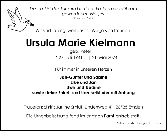 Traueranzeige von Ursula Kielmann von Emder Zeitung