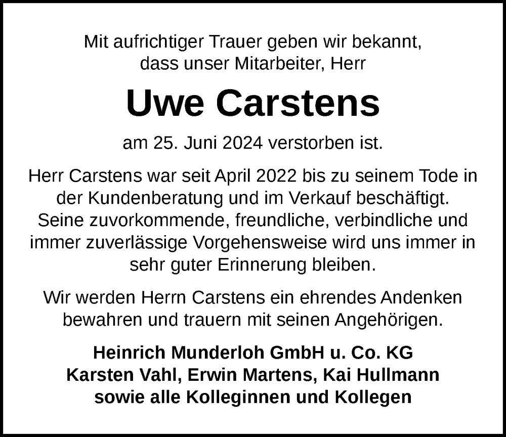  Traueranzeige für Uwe Carstens vom 29.06.2024 aus Nordwest-Zeitung