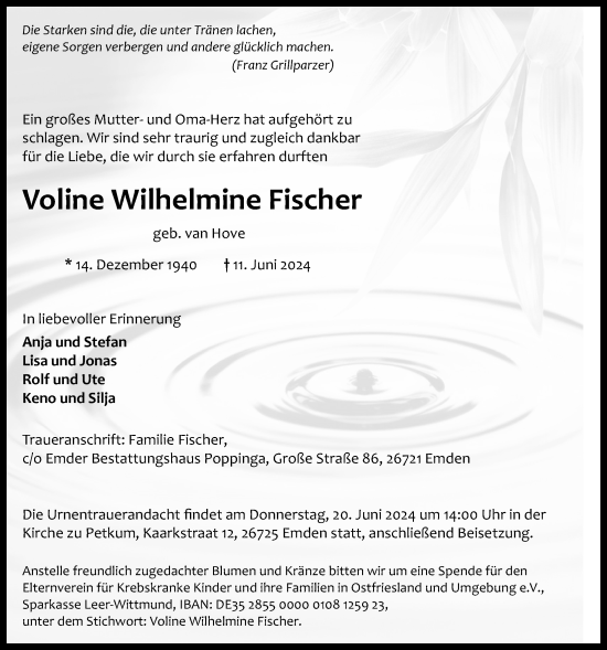 Traueranzeige von Voline Wilhelmine Fischer von Emder Zeitung