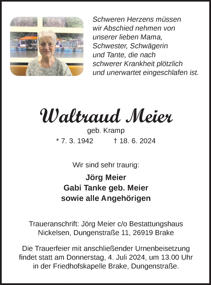  Traueranzeige für Waltraud Meier vom 29.06.2024 aus Nordwest-Zeitung