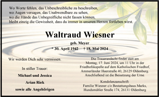 Traueranzeige von Waltraud Wiesner von Nordwest-Zeitung