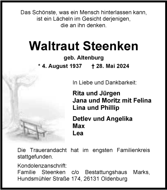 Traueranzeige von Waltraut Steenken von Nordwest-Zeitung