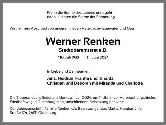 Traueranzeige von Werner Renken von Nordwest-Zeitung