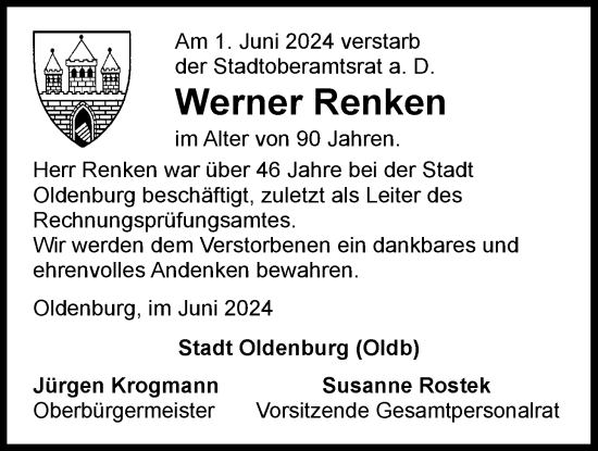 Traueranzeige von Werner Renken von Nordwest-Zeitung