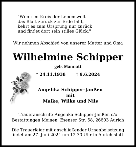 Traueranzeige von Wilhelmine Schipper von Emder Zeitung