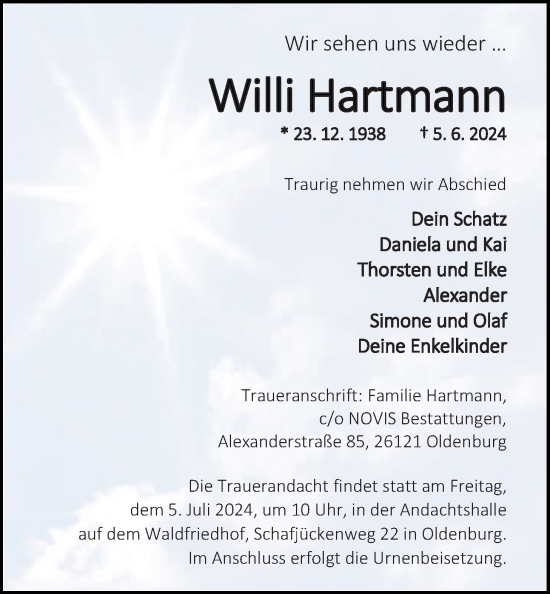 Traueranzeige von Willi Hartmann von Nordwest-Zeitung
