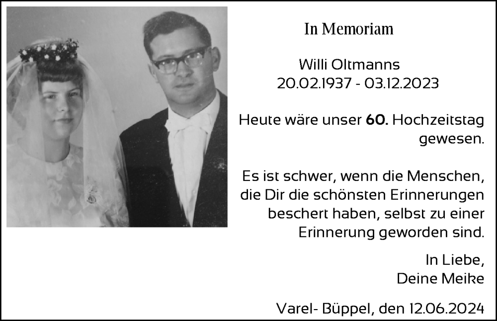  Traueranzeige für Willi Oltmanns vom 12.06.2024 aus Nordwest-Zeitung