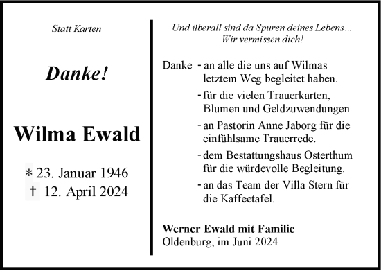 Traueranzeige von Wilma Ewald von Nordwest-Zeitung