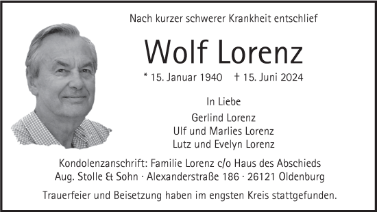 Traueranzeige von Wolf Lorenz von Nordwest-Zeitung