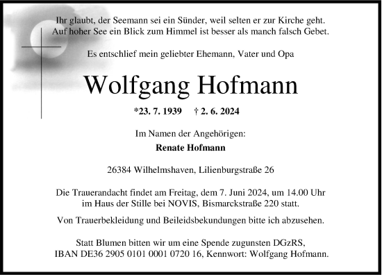 Traueranzeige von Wolfgang Hofmann von WZ/JW/AH
