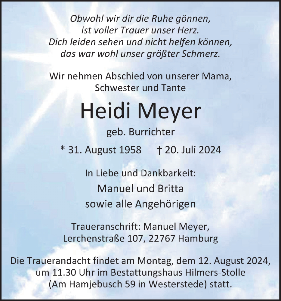  Traueranzeige für Heidi Meyer vom 26.07.2024 aus Nordwest-Zeitung