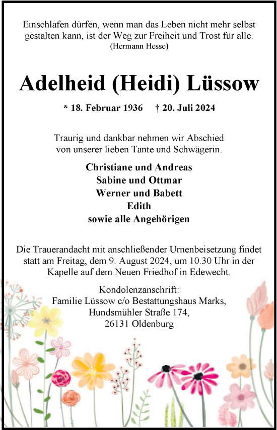 Traueranzeige von Adelheid Lüssow von Nordwest-Zeitung