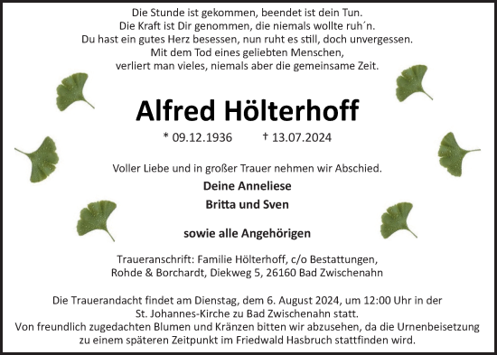 Traueranzeige von Alfred Hölterhoff von Nordwest-Zeitung