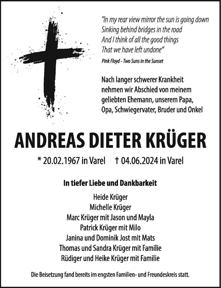  Traueranzeige für Andreas Dieter Krüger vom 20.07.2024 aus Nordwest-Zeitung