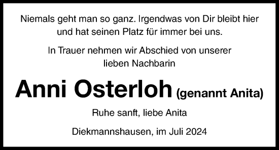 Traueranzeige von Anni Osterloh von Nordwest-Zeitung