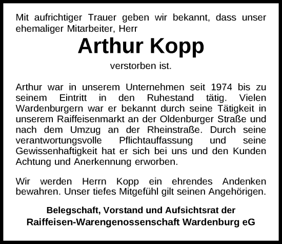 Traueranzeige von Arthur Kopp von Nordwest-Zeitung