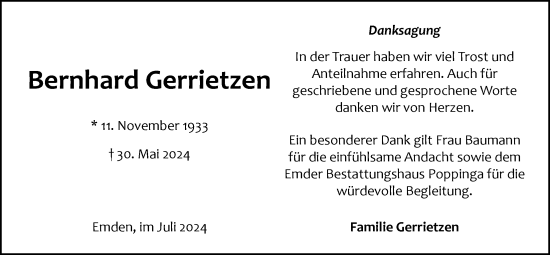 Traueranzeige von Bernhard Gerrietzen von Emder Zeitung