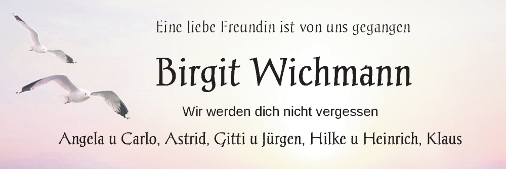  Traueranzeige für Birgit Wichmann vom 27.07.2024 aus Nordwest-Zeitung