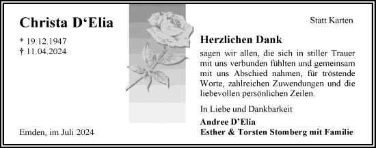 Traueranzeige von Christa DElia von Emder Zeitung