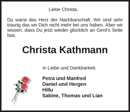 Traueranzeige von Christa Kathmann von Nordwest-Zeitung