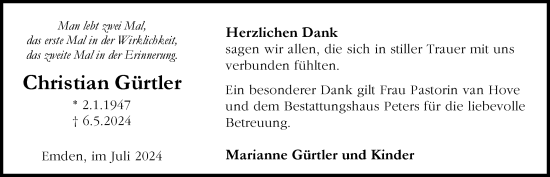 Traueranzeige von Christian Gürtler von Emder Zeitung