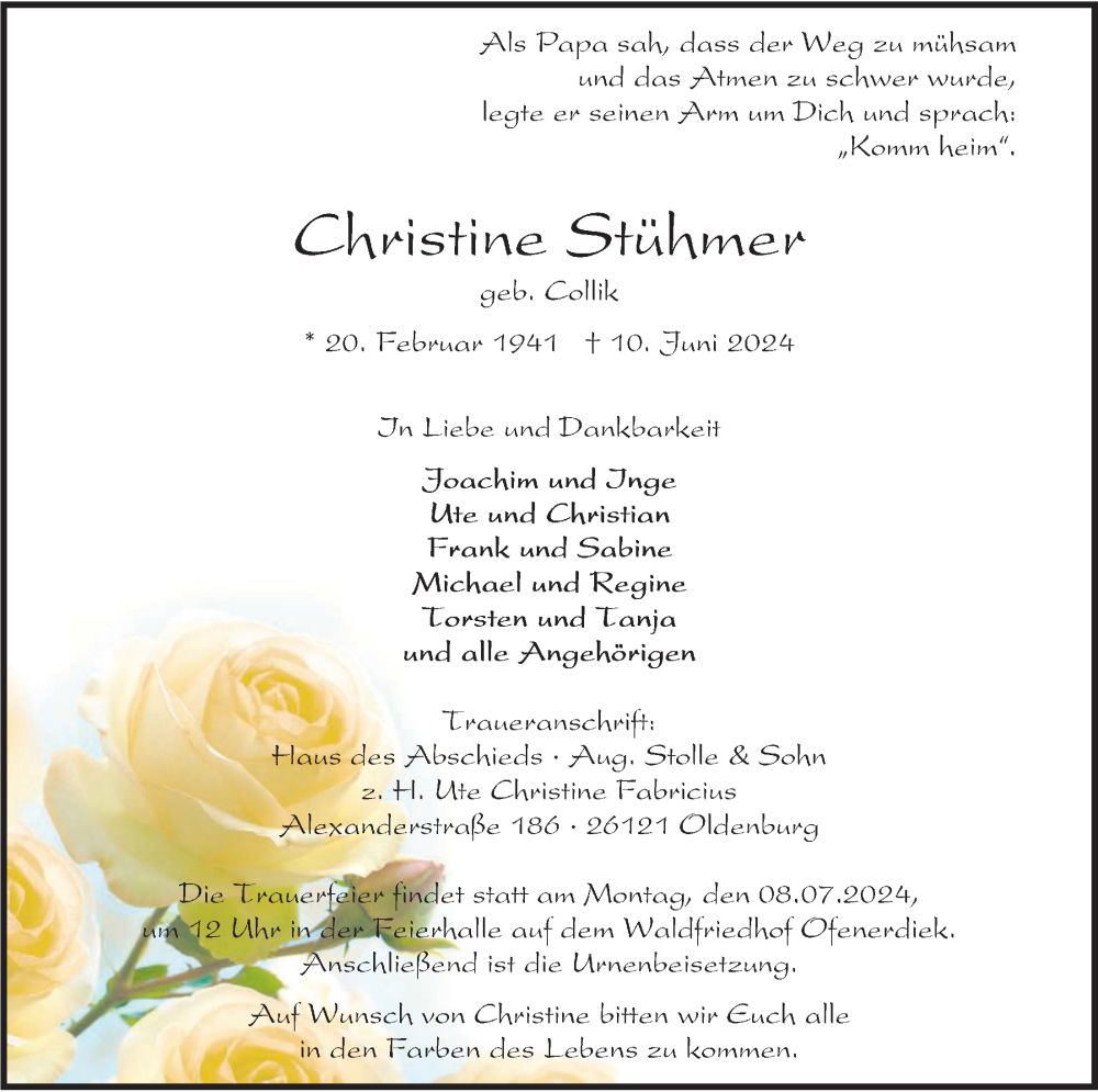  Traueranzeige für Christine Stühmer vom 03.07.2024 aus Nordwest-Zeitung
