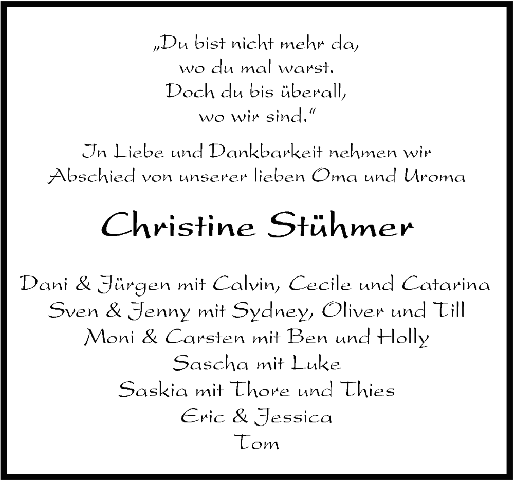  Traueranzeige für Christine Stühmer vom 03.07.2024 aus Nordwest-Zeitung