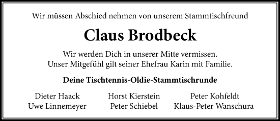 Traueranzeige von Claus Brodbeck von Nordwest-Zeitung