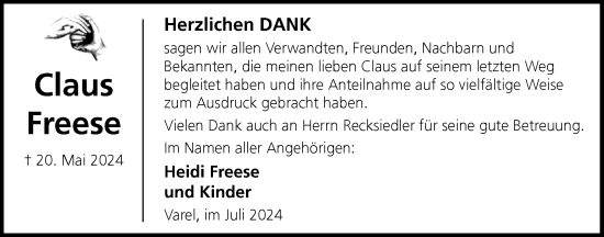 Traueranzeige von Claus Freese von Nordwest-Zeitung