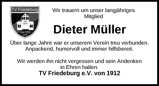 Traueranzeige von Dieter Müller von Nordwest-Zeitung