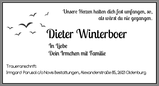 Traueranzeige von Dieter Winterboer von Nordwest-Zeitung