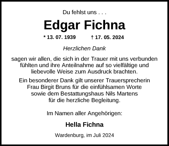 Traueranzeige von Edgar Fichna von Nordwest-Zeitung