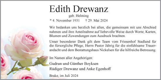 Traueranzeige von Edith Drewanz von Nordwest-Zeitung