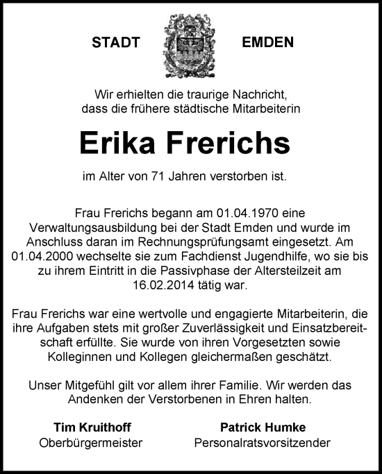 Traueranzeige von Erika Frerichs von Emder Zeitung